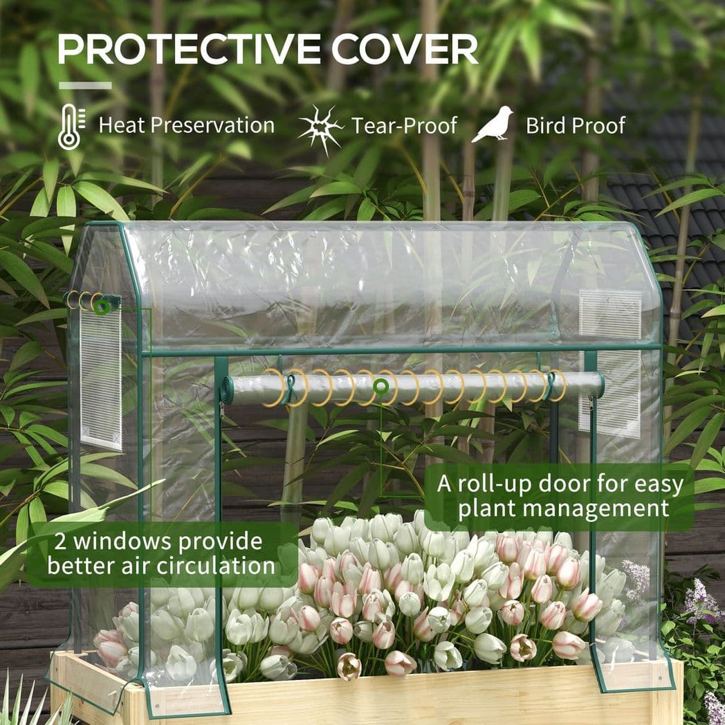 image-Outsunny Wooden Raised Planter, Garden Bed with Greenhouse Cover and Bed Liner