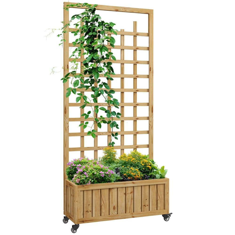 image-Outsunny Wooden Trellis Planter, Raised Garden Bed with Wheels and Bed Liner