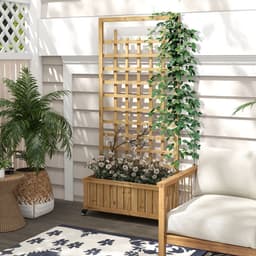 image-Outsunny Wooden Trellis Planter, Raised Garden Bed with Wheels and Bed Liner
