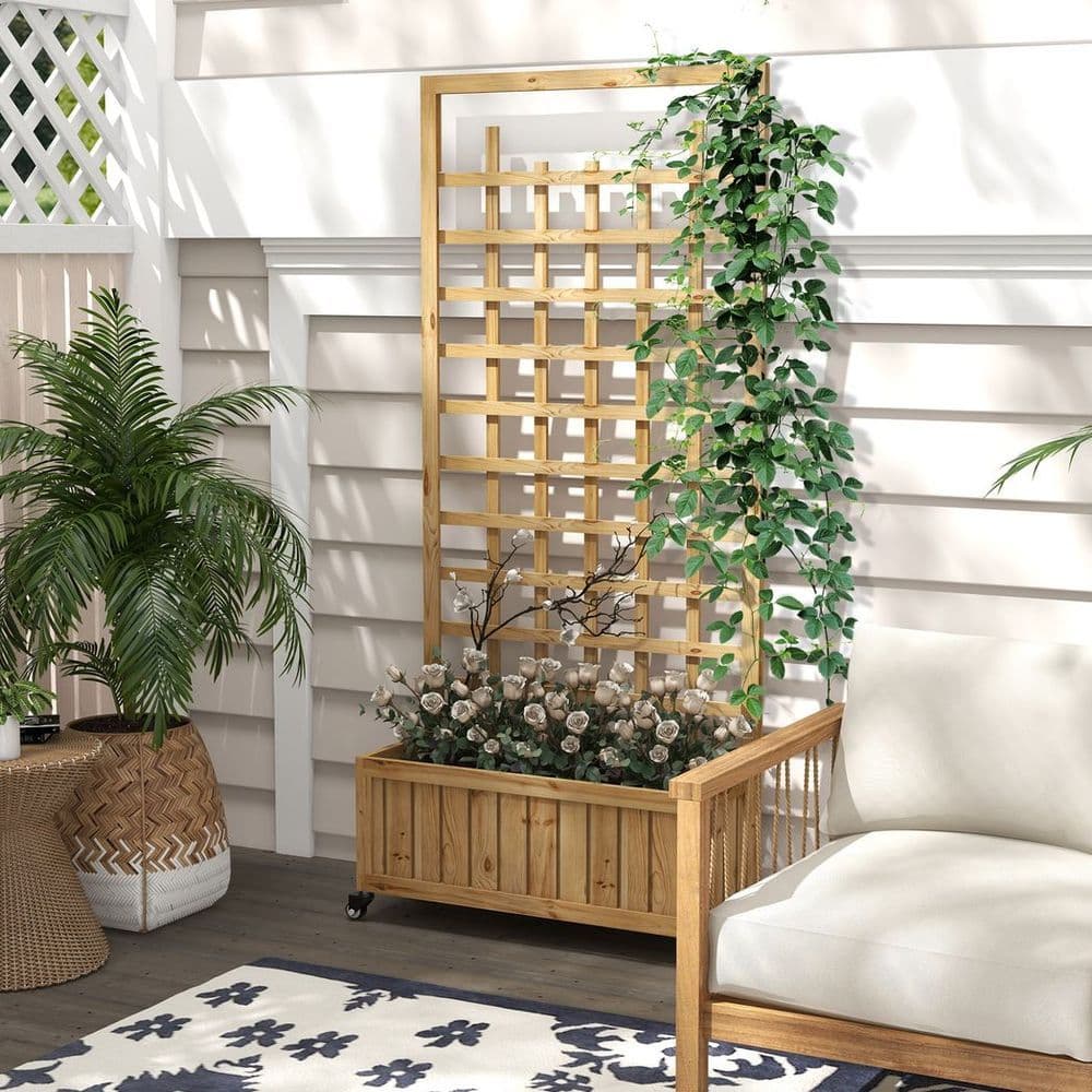 image-Outsunny Wooden Trellis Planter, Raised Garden Bed with Wheels and Bed Liner