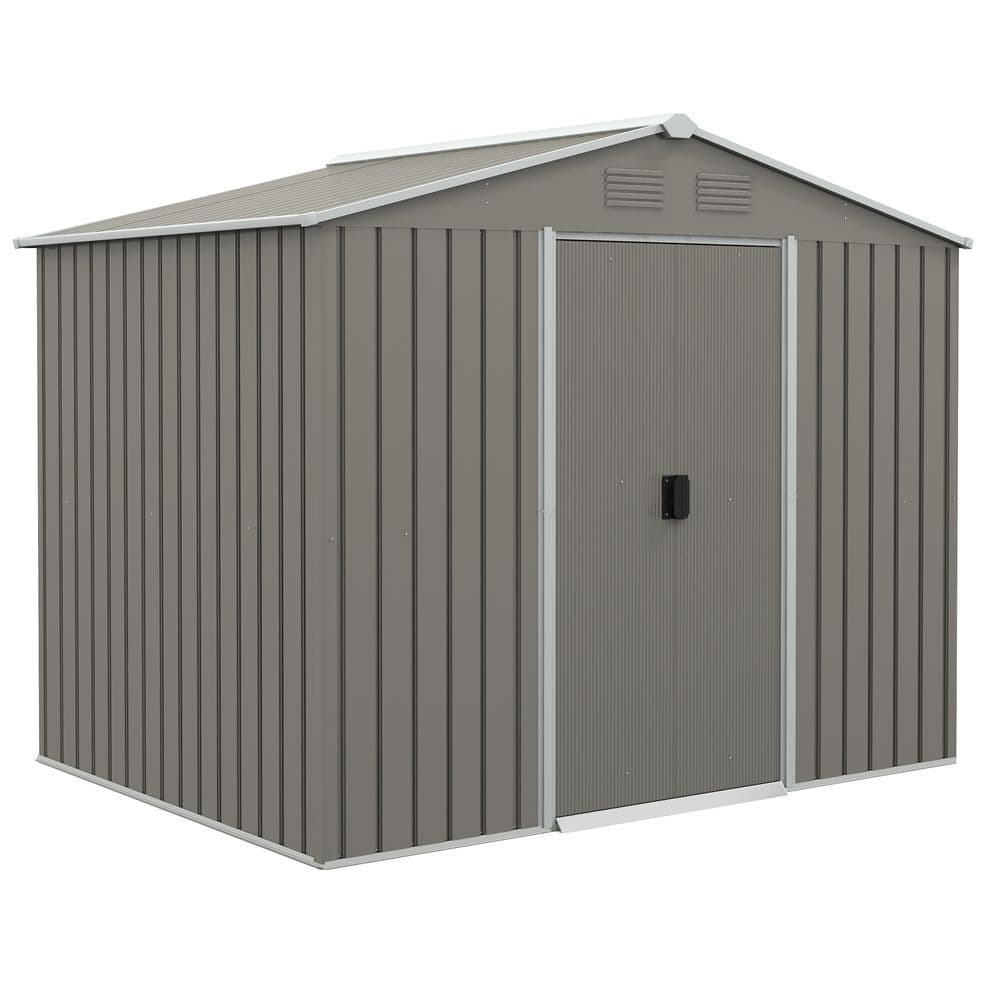 image-Outsunny 8 x 6ft Garden Storage Shed w/ Double Sliding Door Outdoor Light Grey