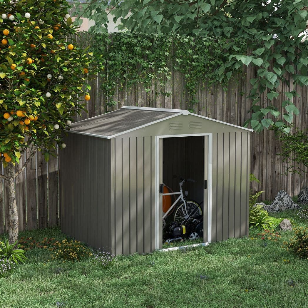 image-Outsunny 8 x 6ft Garden Storage Shed w/ Double Sliding Door Outdoor Light Grey