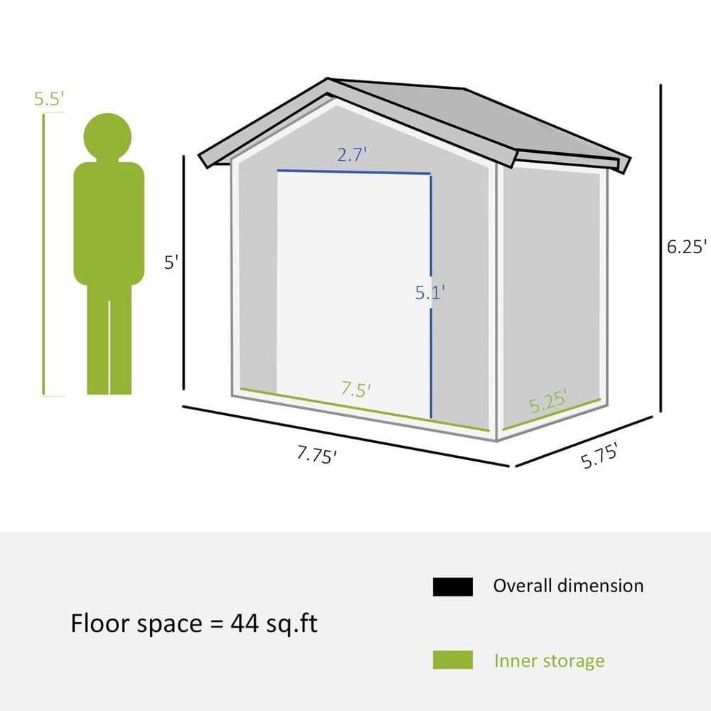 image-Outsunny 8 x 6ft Garden Storage Shed w/ Double Sliding Door Outdoor Light Grey