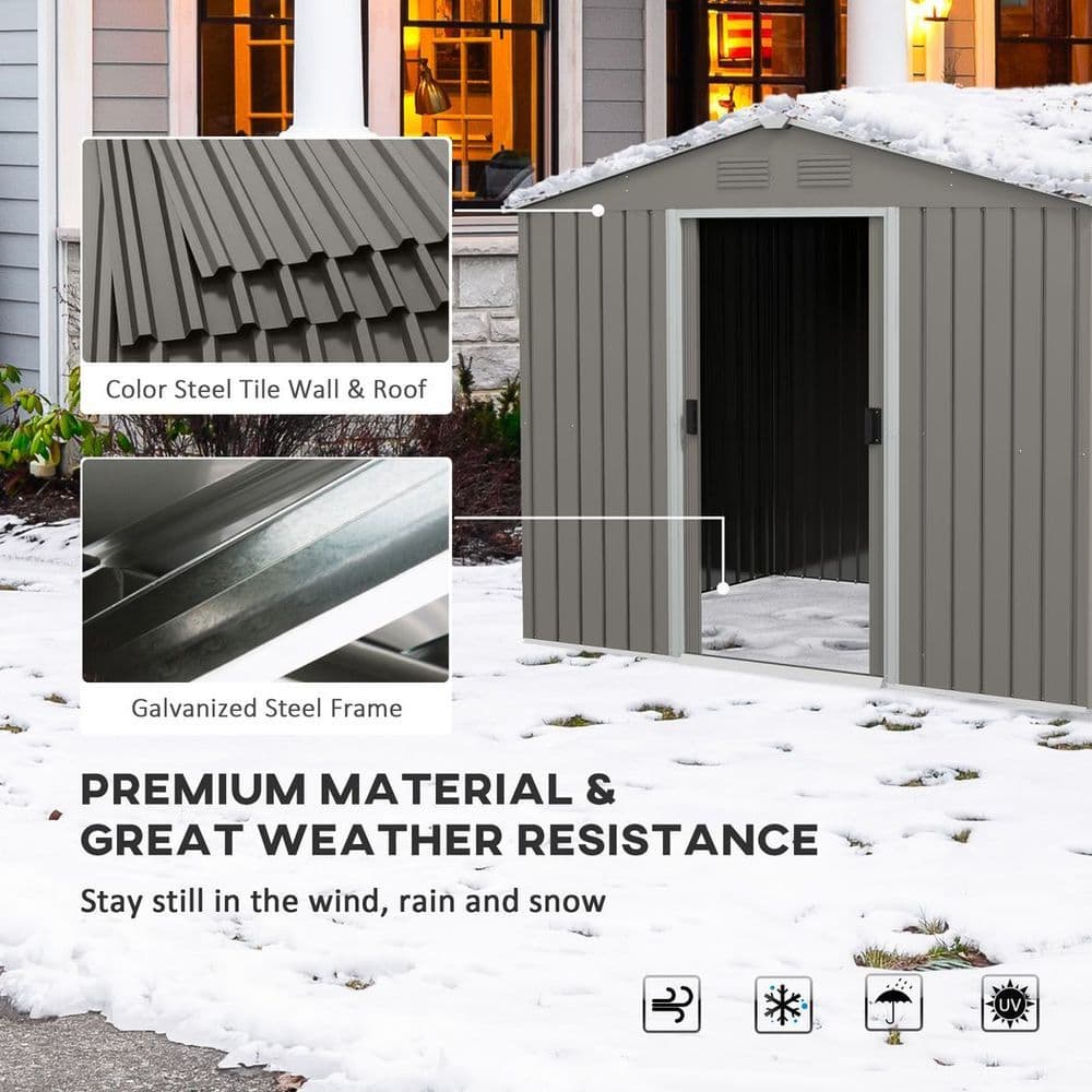 image-Outsunny 8 x 6ft Garden Storage Shed w/ Double Sliding Door Outdoor Light Grey