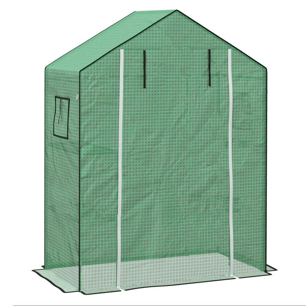 image-Outsunny PE Greenhouse Cover Replacement with Door and Mesh Windows, Green