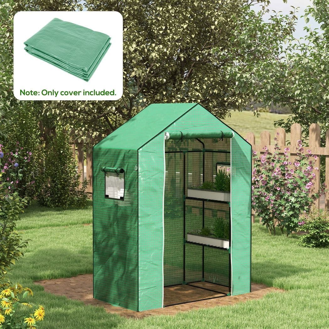 image-Outsunny PE Greenhouse Cover Replacement with Door and Mesh Windows, Green