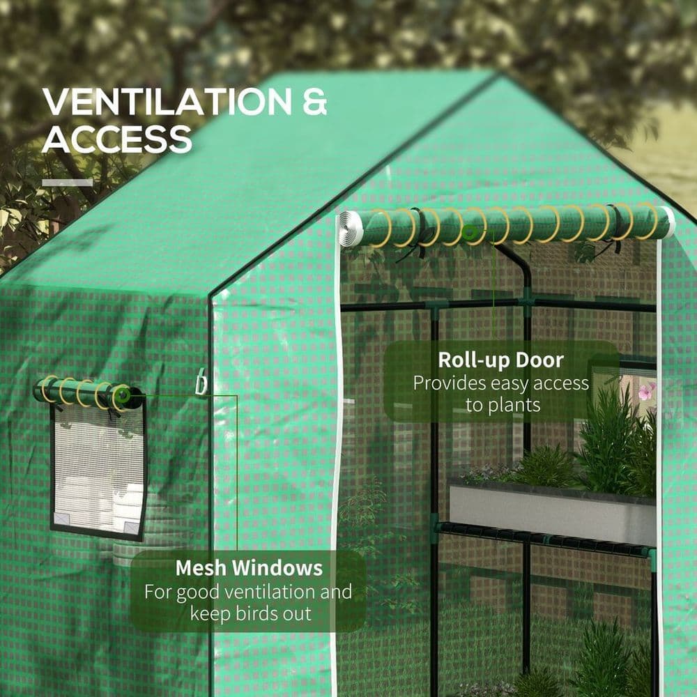 image-Outsunny PE Greenhouse Cover Replacement with Door and Mesh Windows, Green