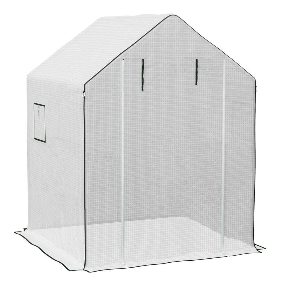 image-Outsunny Walk-in Greenhouse Cover Replacement with Door and Mesh Windows, White