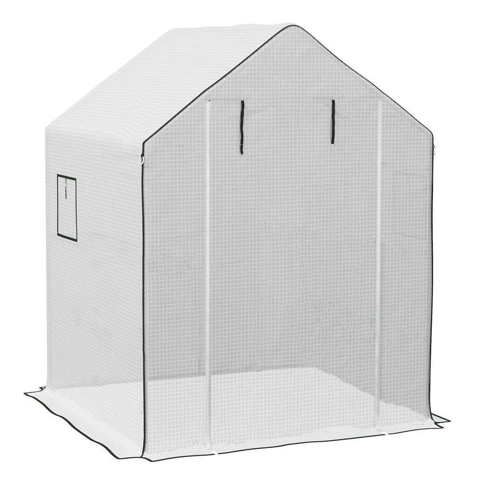 image-Outsunny Walk-in Greenhouse Cover Replacement with Door and Mesh Windows, White