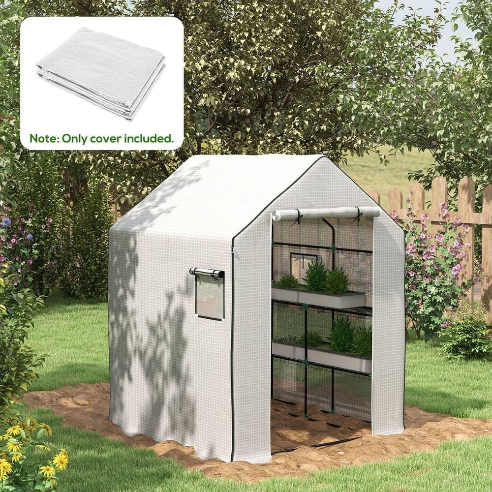 image-Outsunny Walk-in Greenhouse Cover Replacement with Door and Mesh Windows, White