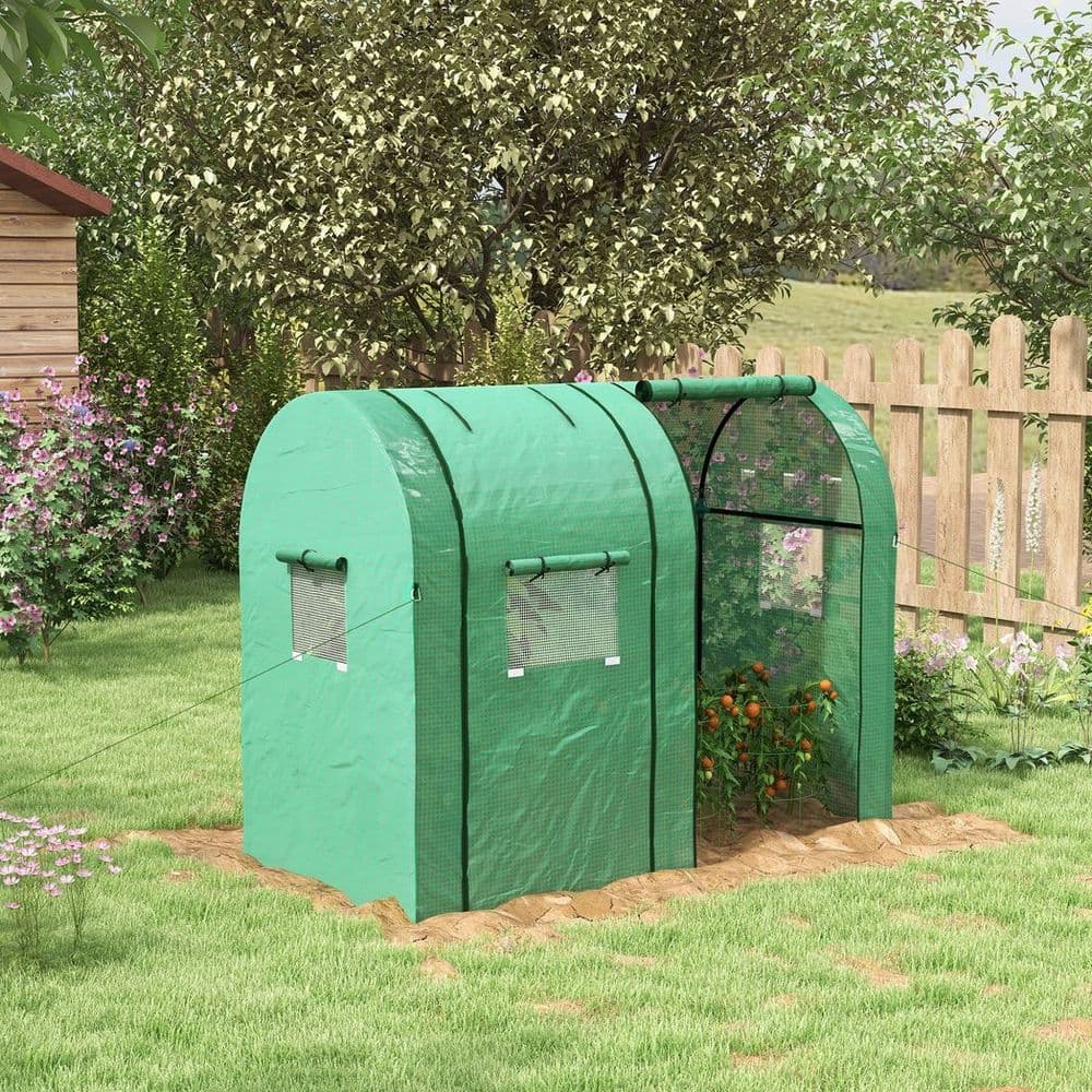 image-Outsunny Tomato Greenhouse with 2 Roll-up Doors and 4 Mesh Windows, Green