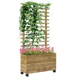 image-Outsunny Garden Wooden Trellis Planter Box Raised Bed w/ 4 Wheels, Natural