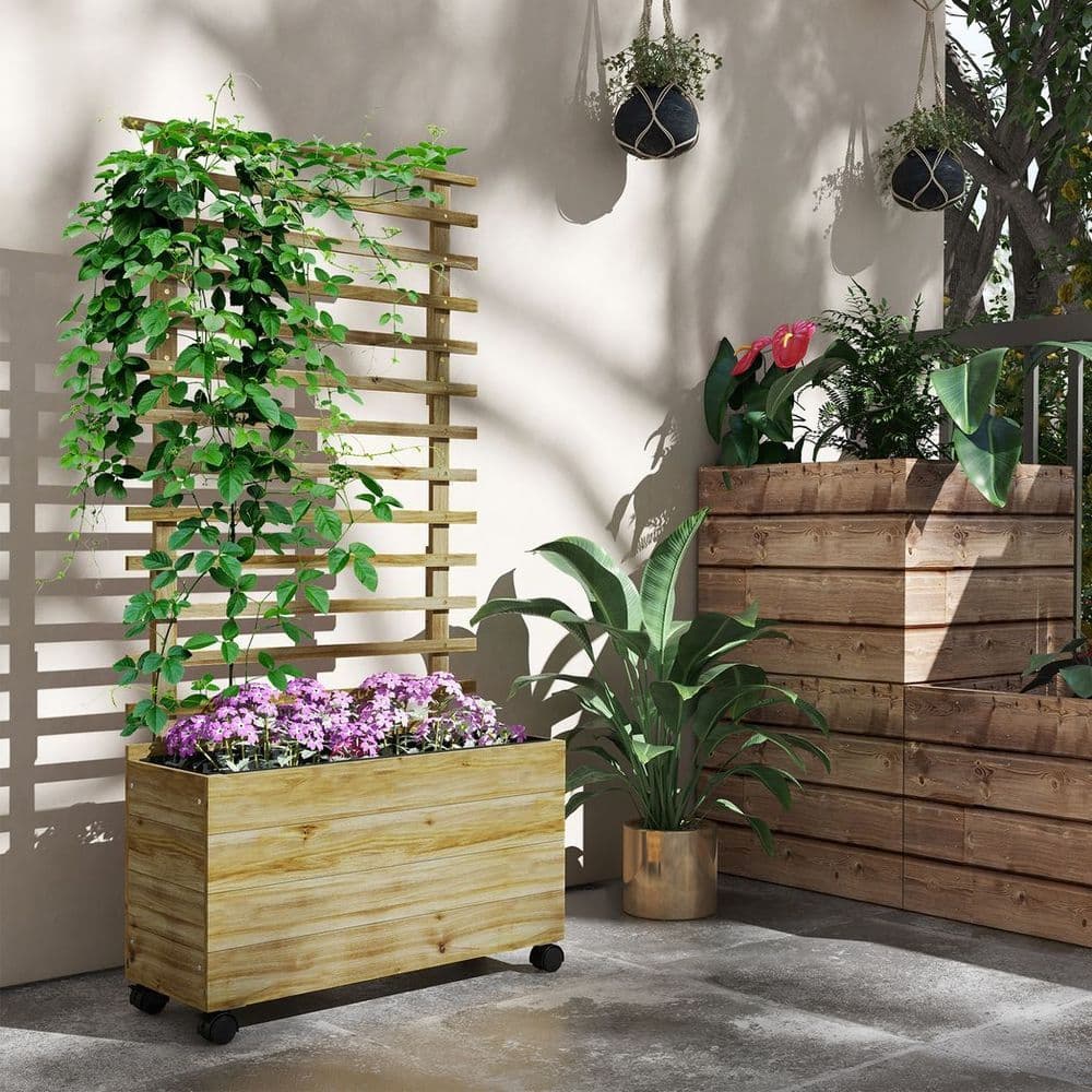 image-Outsunny Garden Wooden Trellis Planter Box Raised Bed w/ 4 Wheels, Natural