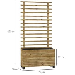 image-Outsunny Garden Wooden Trellis Planter Box Raised Bed w/ 4 Wheels, Natural