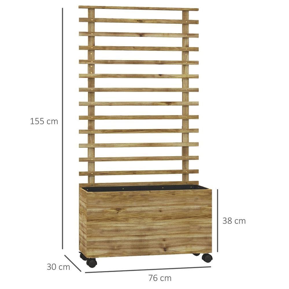 image-Outsunny Garden Wooden Trellis Planter Box Raised Bed w/ 4 Wheels, Natural