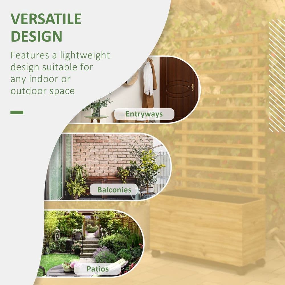 image-Outsunny Garden Wooden Trellis Planter Box Raised Bed w/ 4 Wheels, Natural