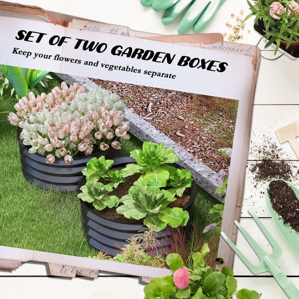 image-Outsunny Set of 2 Raised Garden Bed Metal Planter Box with Safety Edging, Grey