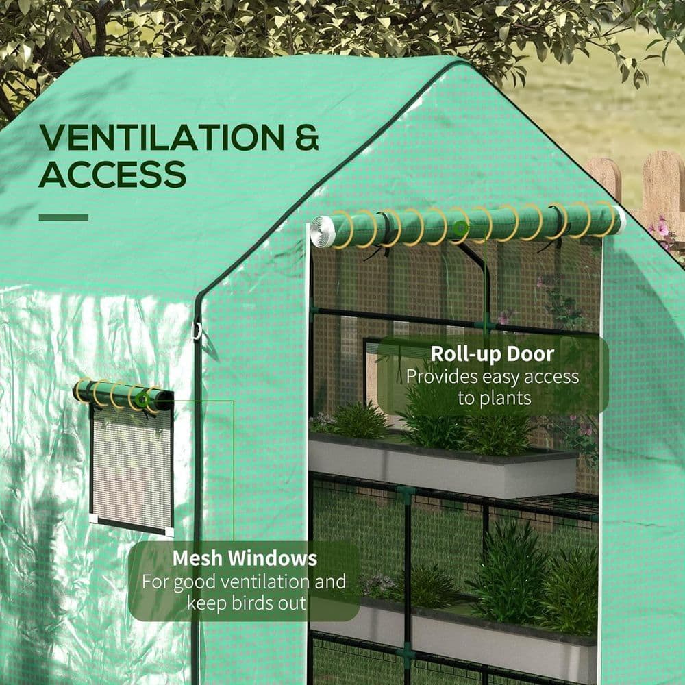image-Outsunny Walk-in Greenhouse Cover Replacement with Door and Mesh Windows, Green
