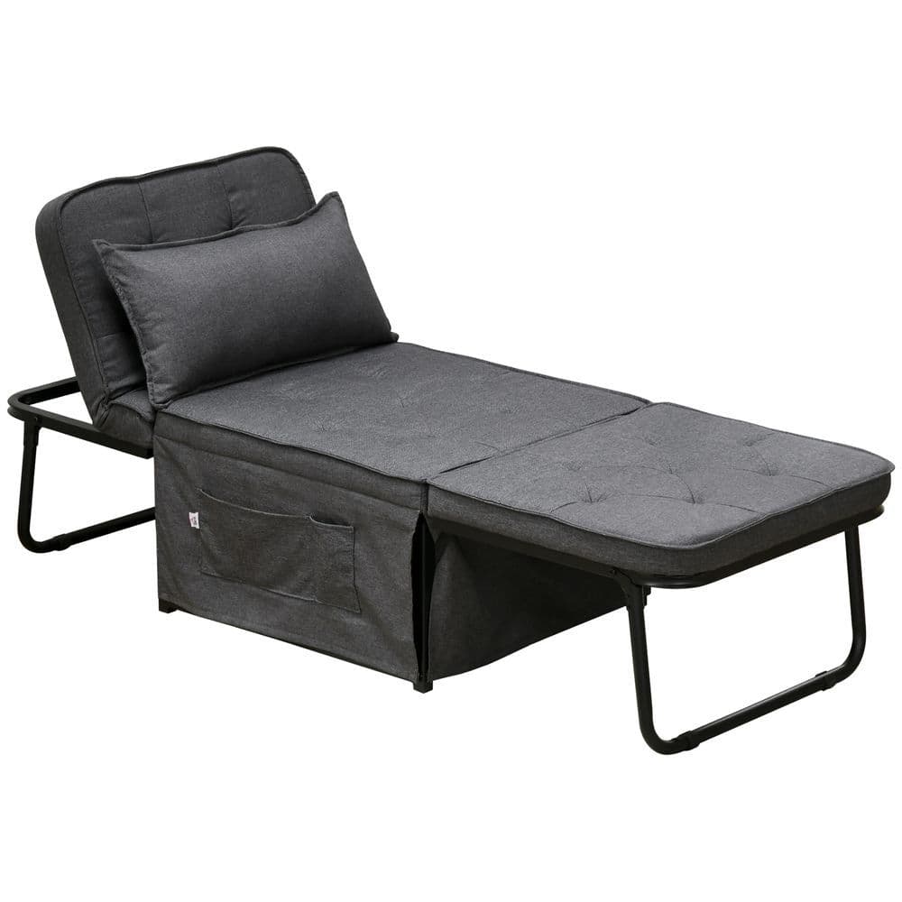 image-HOMCOM Folding Sleeper Chair Bed with Pillow and Side Pockets, Charcoal Grey