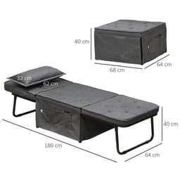 image-HOMCOM Folding Sleeper Chair Bed with Pillow and Side Pockets, Charcoal Grey