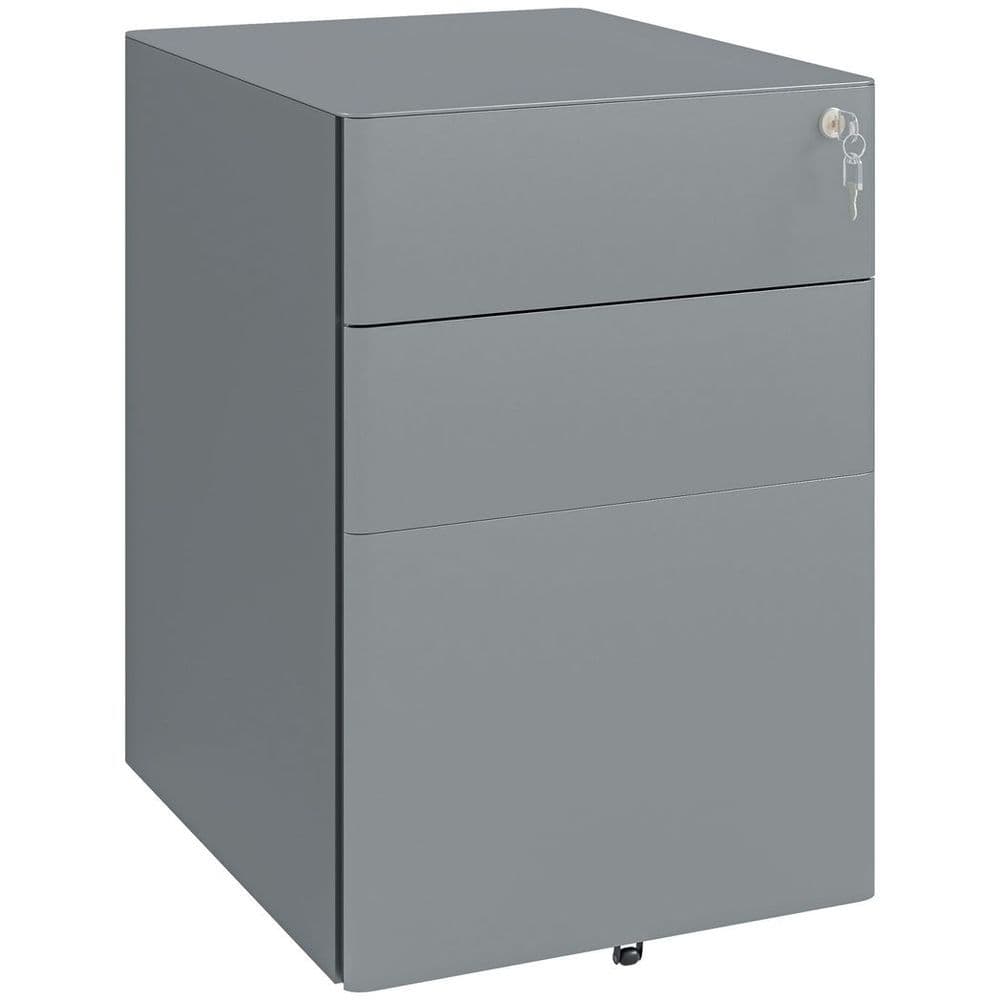 image-Vinsetto 3 Drawer Metal Filing Cabinet Lockable 5 Wheels Compact Under Desk Grey