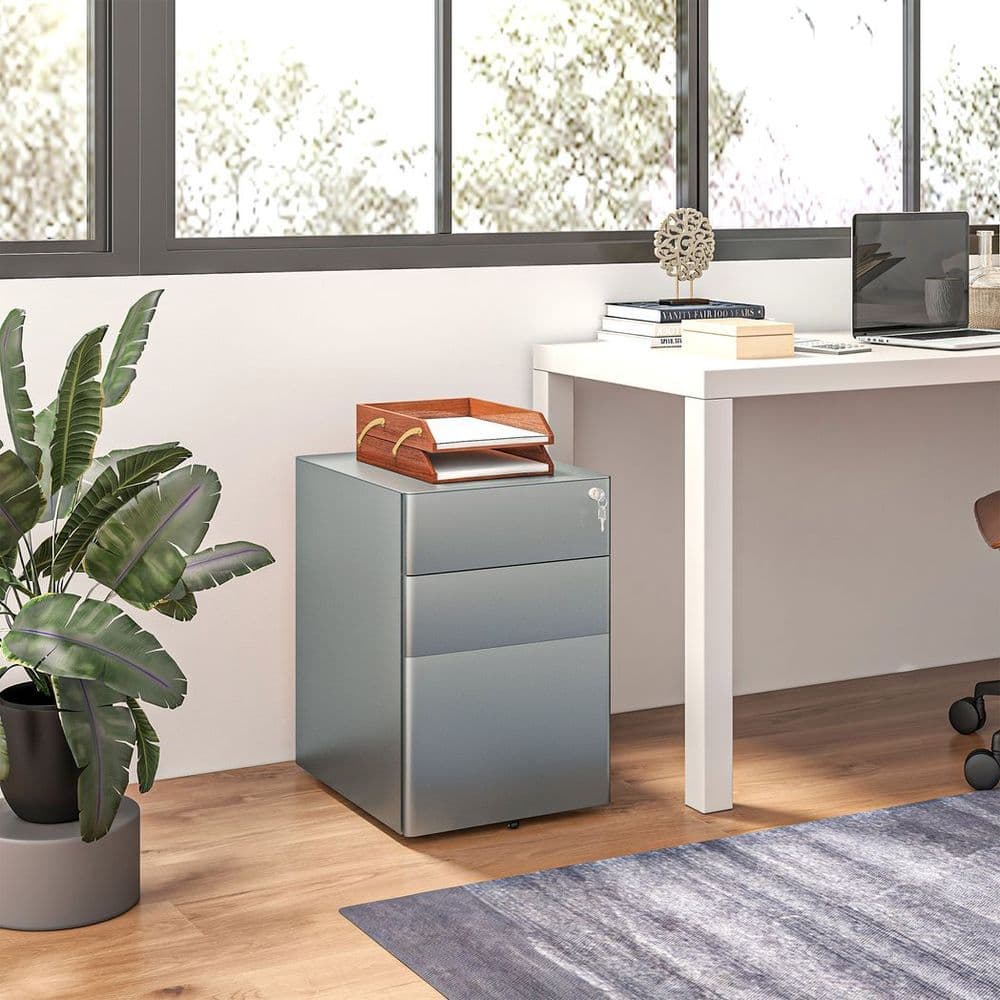 image-Vinsetto 3 Drawer Metal Filing Cabinet Lockable 5 Wheels Compact Under Desk Grey