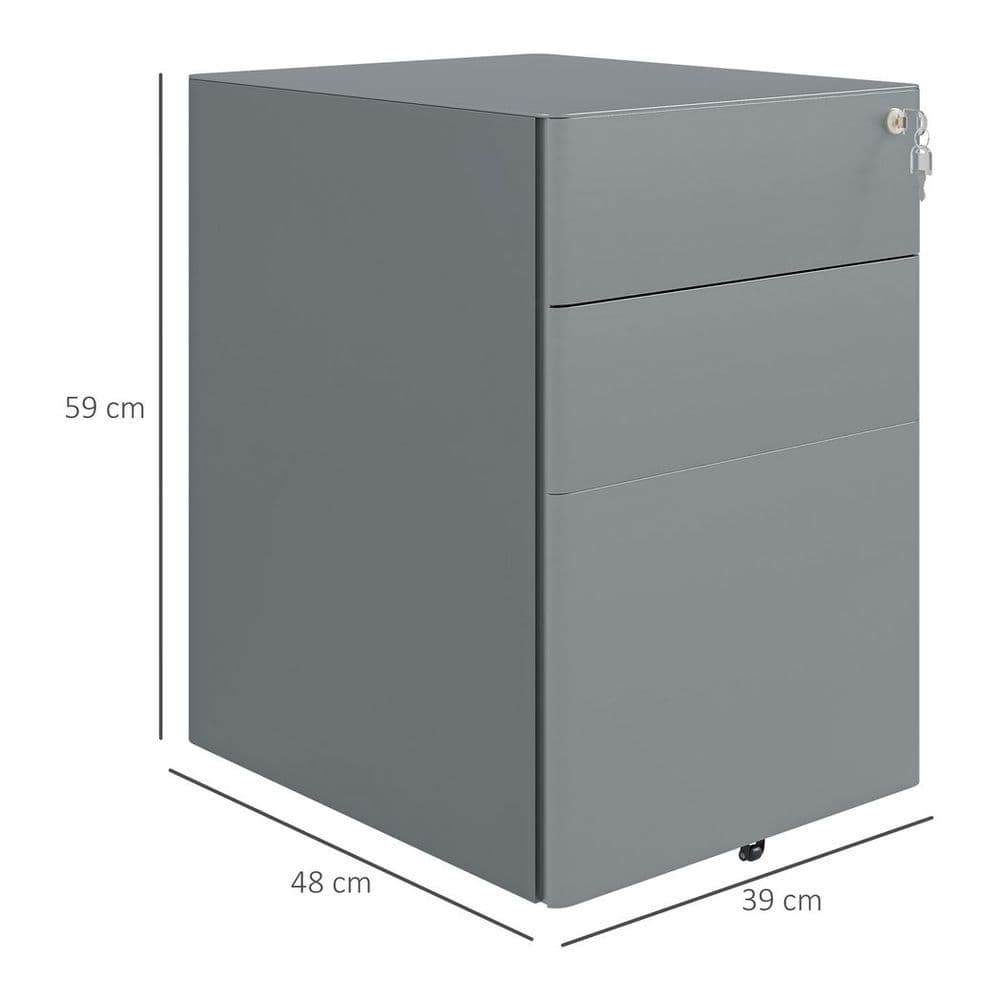 image-Vinsetto 3 Drawer Metal Filing Cabinet Lockable 5 Wheels Compact Under Desk Grey