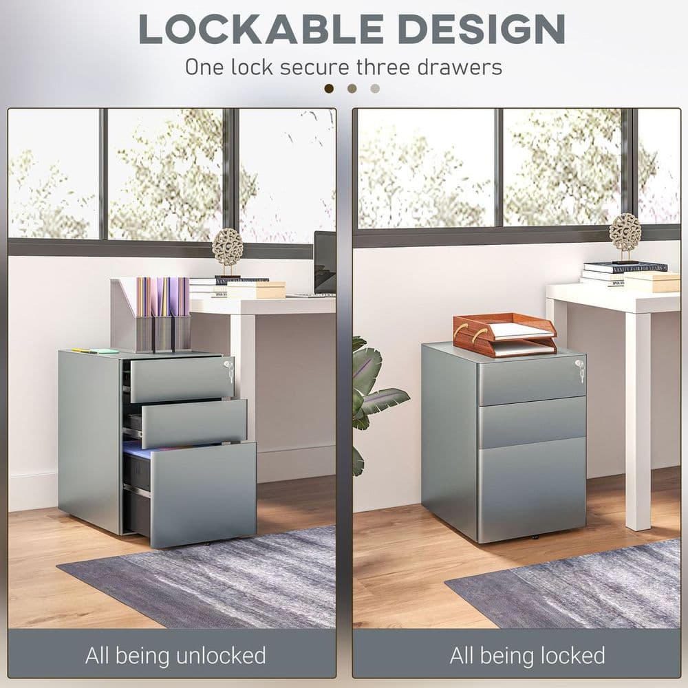 image-Vinsetto 3 Drawer Metal Filing Cabinet Lockable 5 Wheels Compact Under Desk Grey