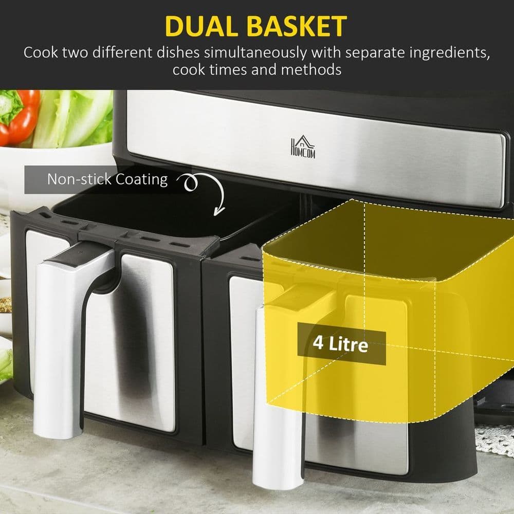 image-HOMCOM Oil Free Dual Air Fryer 10-in-1 8L w/ Sync Cook & Sync Finish Timer 2400W