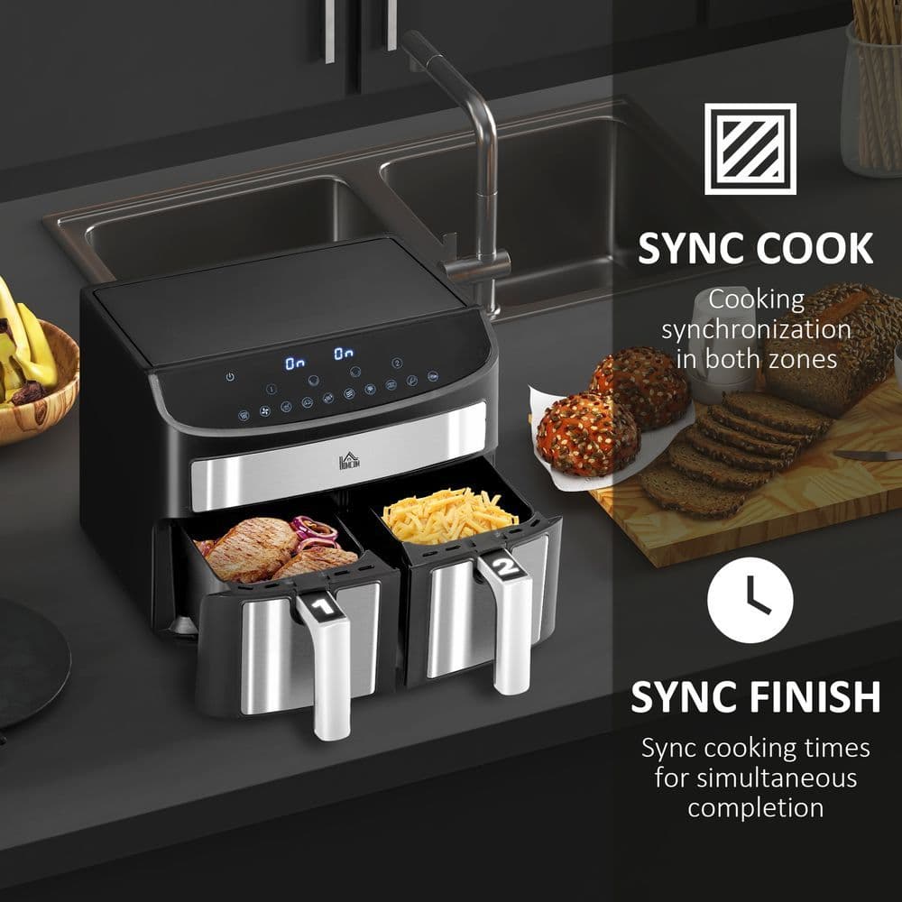 image-HOMCOM Oil Free Dual Air Fryer 10-in-1 8L w/ Sync Cook & Sync Finish Timer 2400W