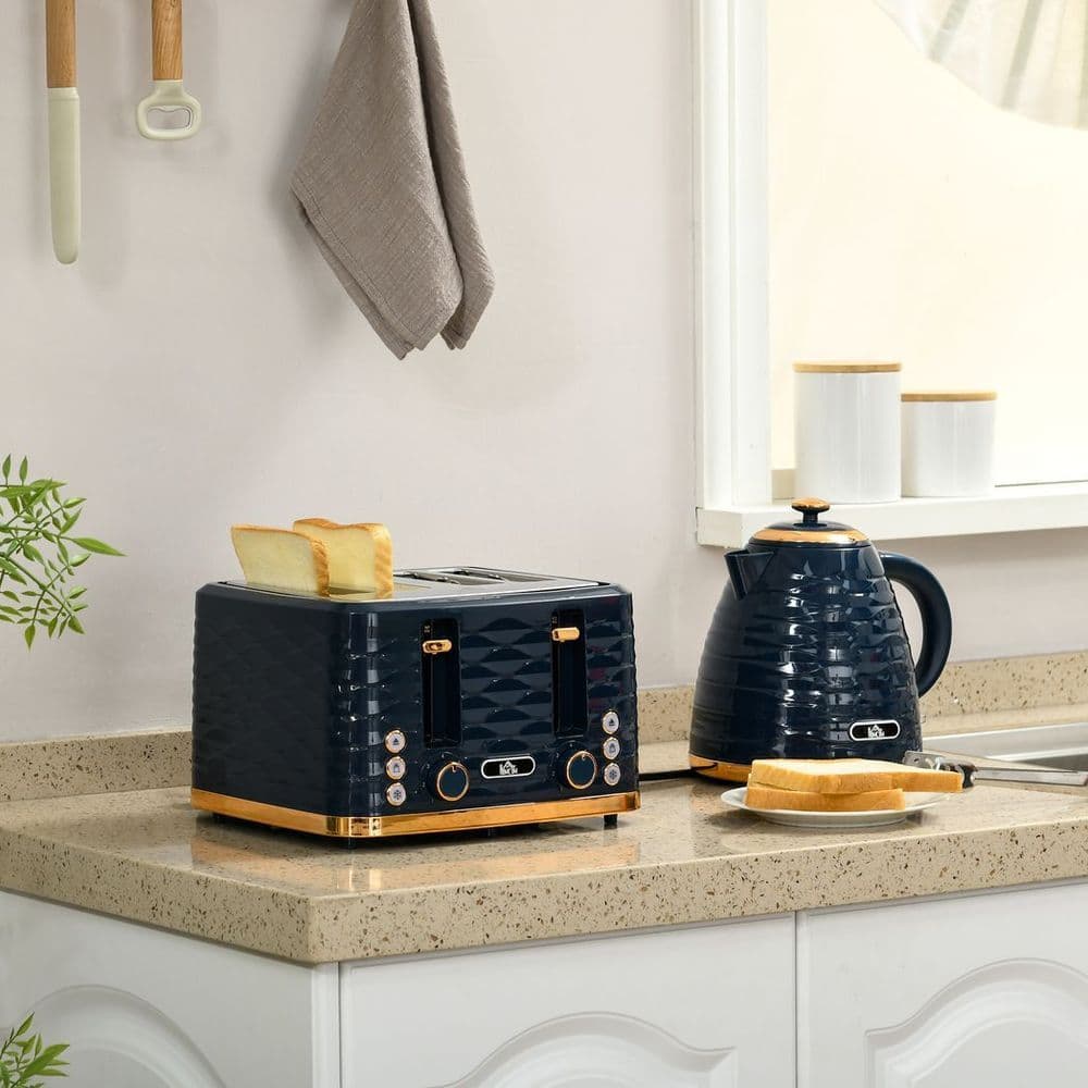 image-HOMCOM Kettle and Toaster Set 1.7L Rapid Boil Kettle & 4 Slice Toaster Blue