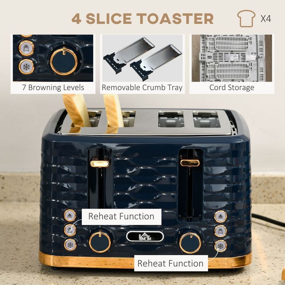 image-HOMCOM Kettle and Toaster Set 1.7L Rapid Boil Kettle & 4 Slice Toaster Blue