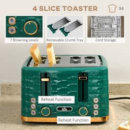 image-HOMCOM Kettle and Toaster Set 1.7L Rapid Boil Kettle & 4 Slice Toaster Green