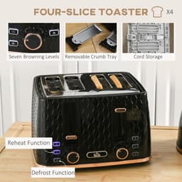 image-HOMCOM 1.7L Kettle and Toaster Set with Defrost, Reheat and Crumb Tray, Black