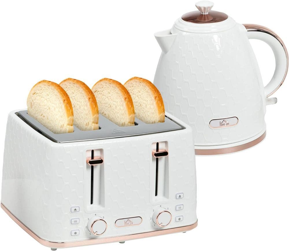 image-HOMCOM 1.7L Kettle and Toaster Set with Defrost, Reheat and Crumb Tray, White
