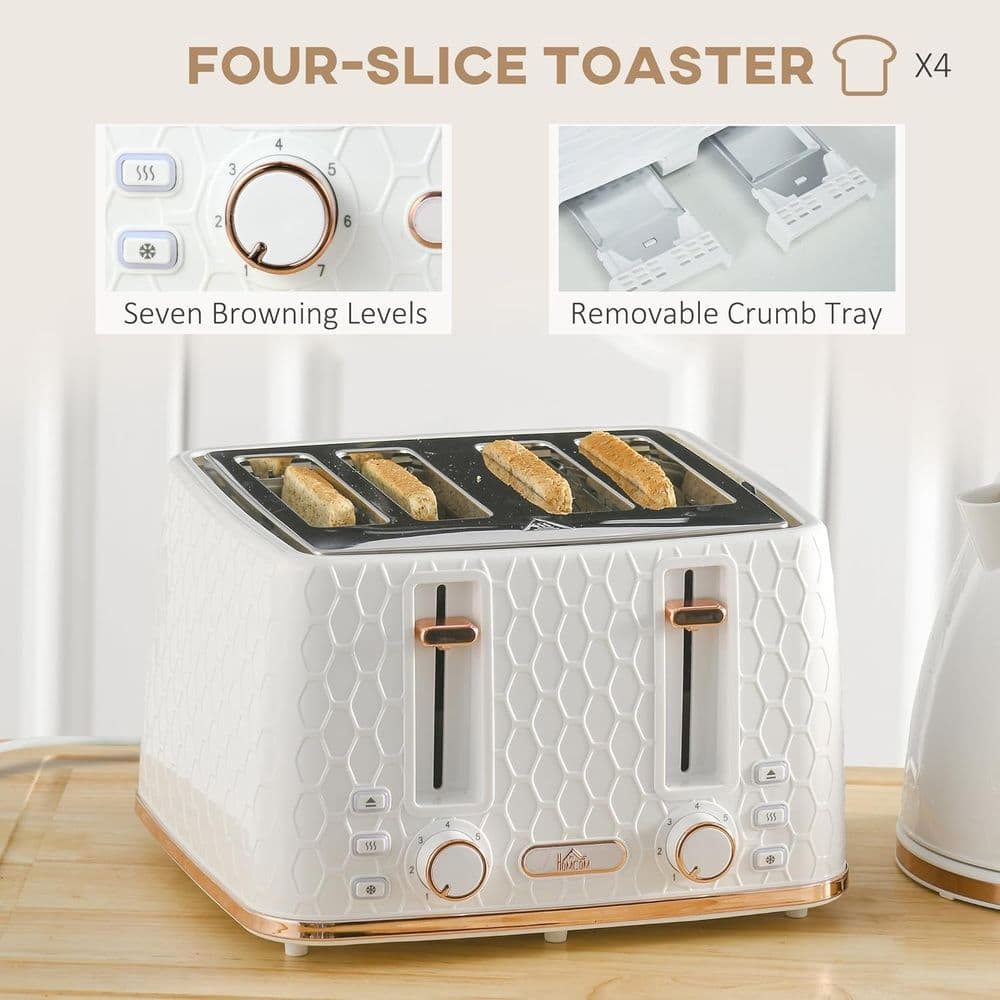 image-HOMCOM 1.7L Kettle and Toaster Set with Defrost, Reheat and Crumb Tray, White