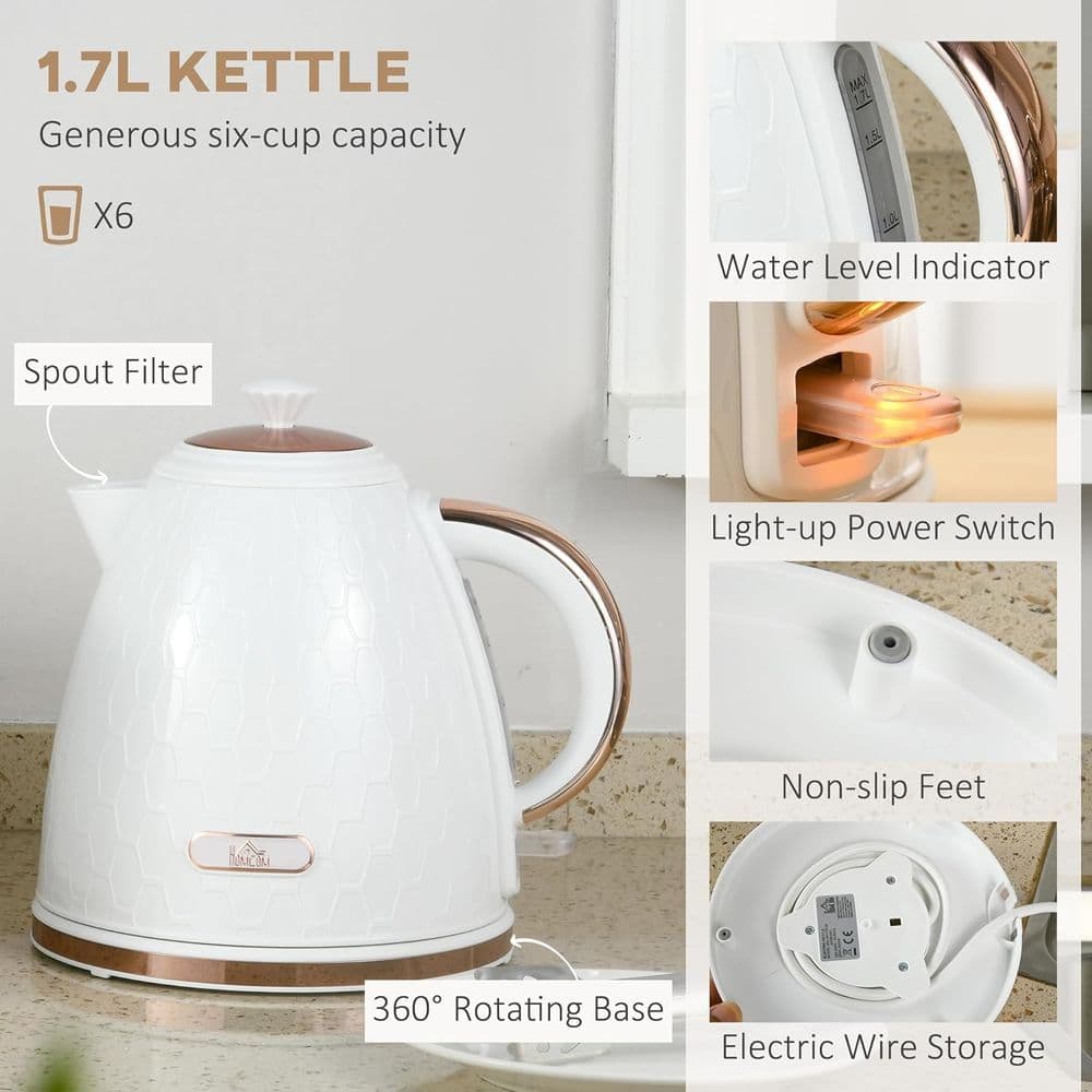 image-HOMCOM 1.7L Kettle and Toaster Set with Defrost, Reheat and Crumb Tray, White