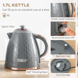 image-HOMCOM 1.7L Kettle and Toaster Set with Defrost, Reheat and Crumb Tray, Grey