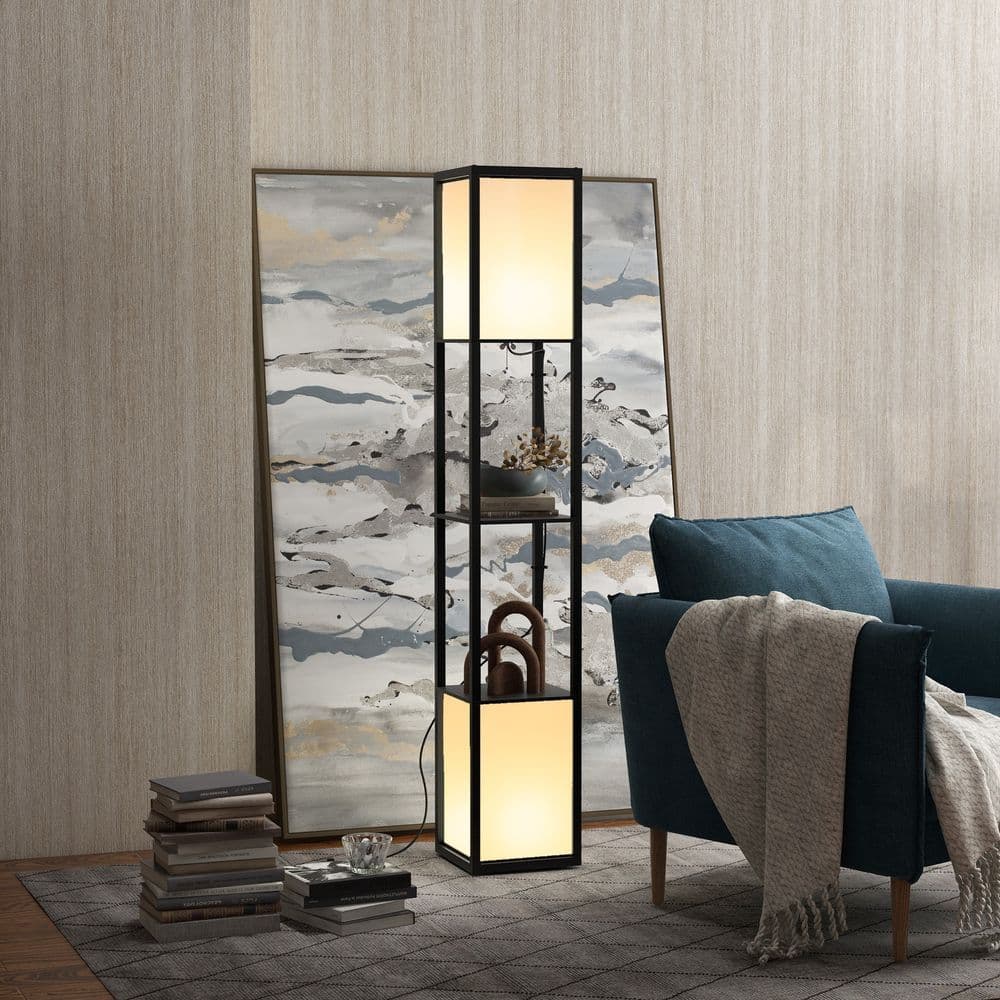 image-HOMCOM Shelf Floor Lamp with Dual Light, for Living Room, Bedroom, Black