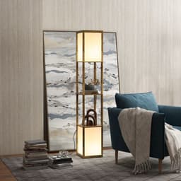 image-HOMCOM Shelf Floor Lamp with Dual Light, for Living Room, Bedroom, Brown