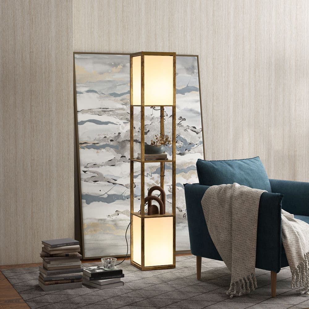 image-HOMCOM Shelf Floor Lamp with Dual Light, for Living Room, Bedroom, Brown