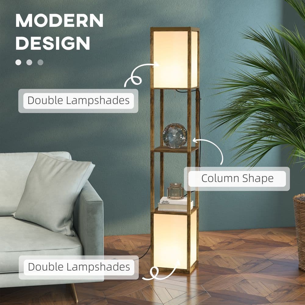 image-HOMCOM Shelf Floor Lamp with Dual Light, for Living Room, Bedroom, Brown