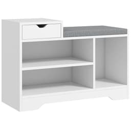 image-HOMCOM Upholstered Entryway Shoe Bench with Storage Drawer Open Shelf White