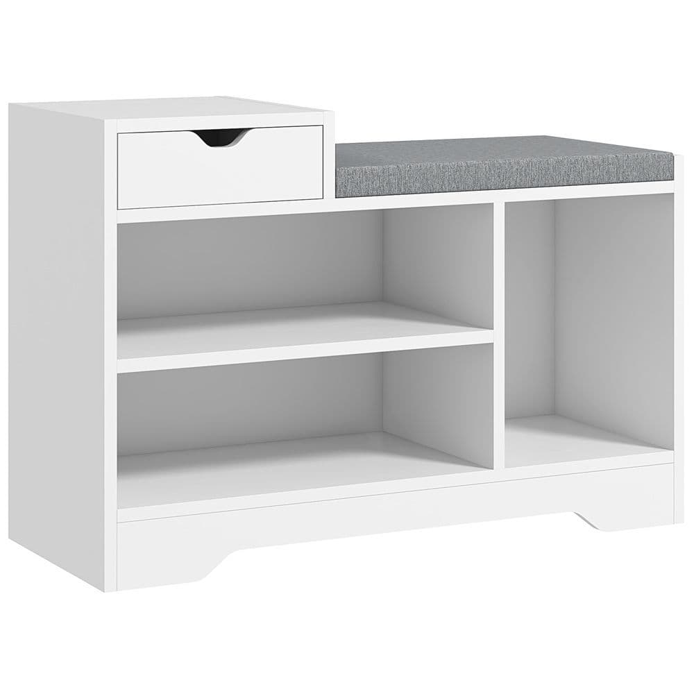 image-HOMCOM Upholstered Entryway Shoe Bench with Storage Drawer Open Shelf White