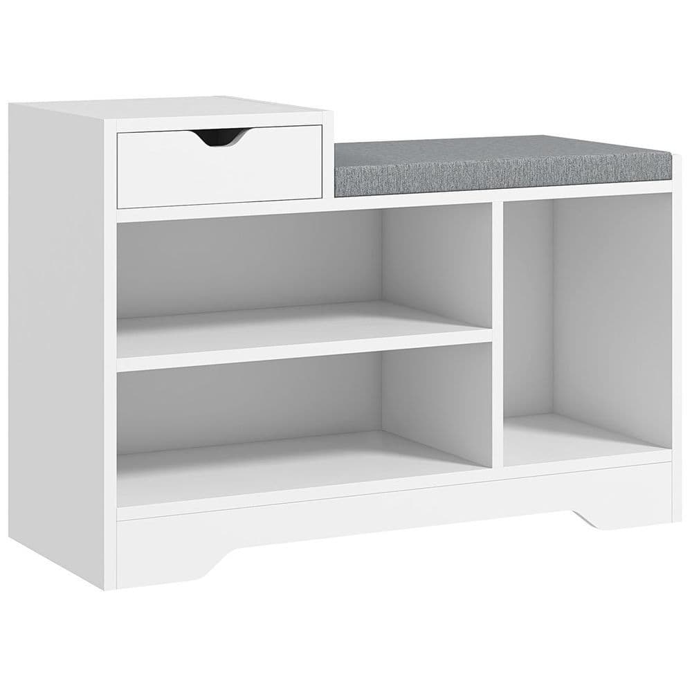 image-HOMCOM Upholstered Entryway Shoe Bench with Storage Drawer Open Shelf White