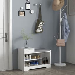 image-HOMCOM Upholstered Entryway Shoe Bench with Storage Drawer Open Shelf White