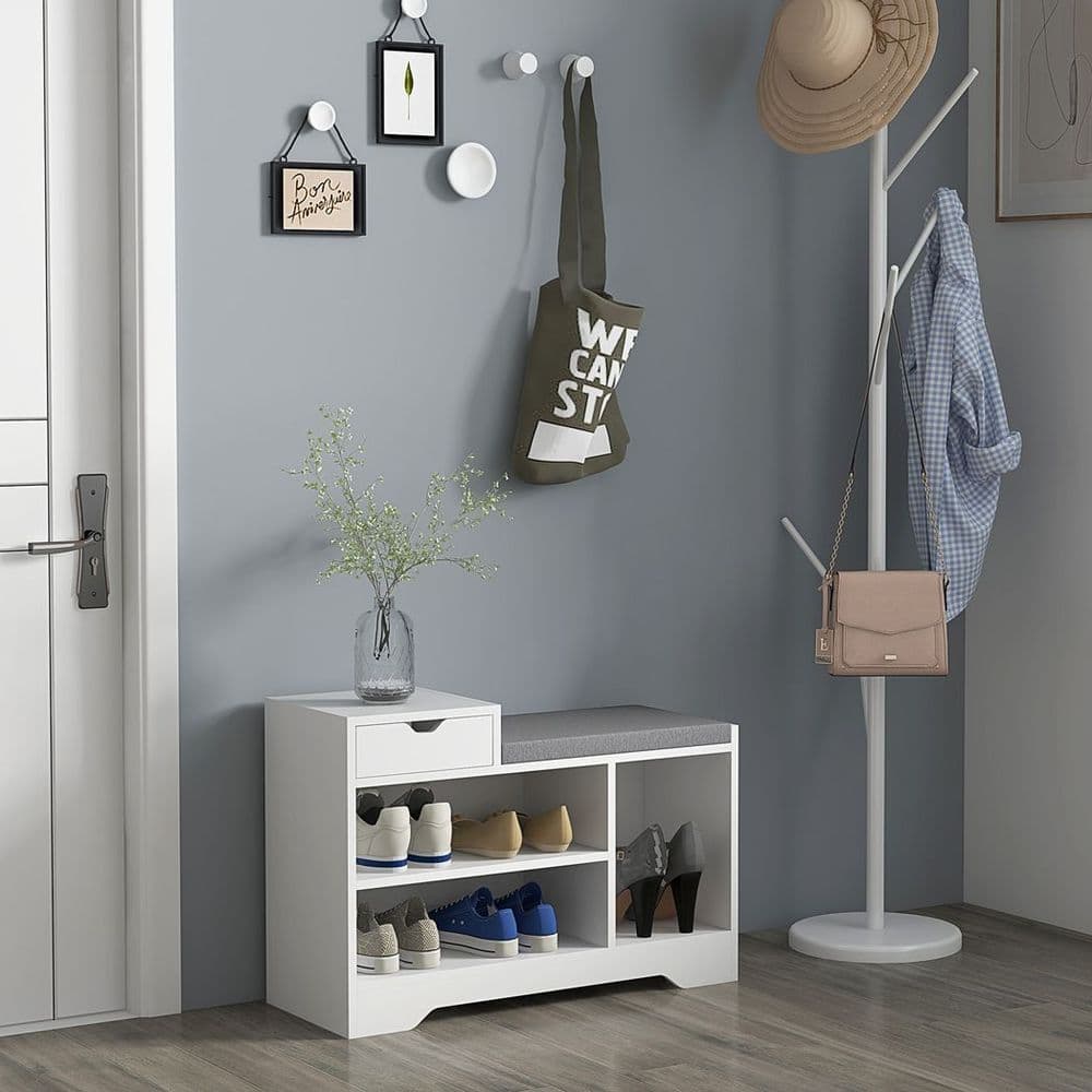image-HOMCOM Upholstered Entryway Shoe Bench with Storage Drawer Open Shelf White