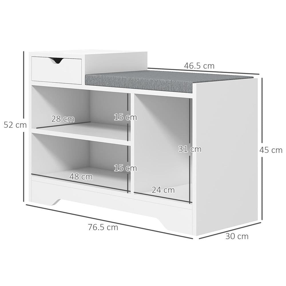 image-HOMCOM Upholstered Entryway Shoe Bench with Storage Drawer Open Shelf White