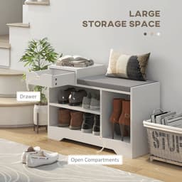 image-HOMCOM Upholstered Entryway Shoe Bench with Storage Drawer Open Shelf White