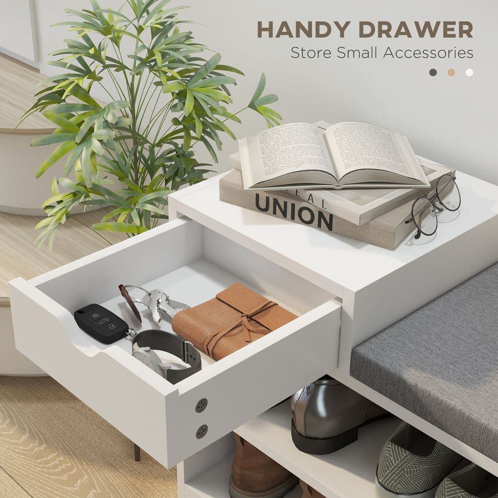 image-HOMCOM Upholstered Entryway Shoe Bench with Storage Drawer Open Shelf White